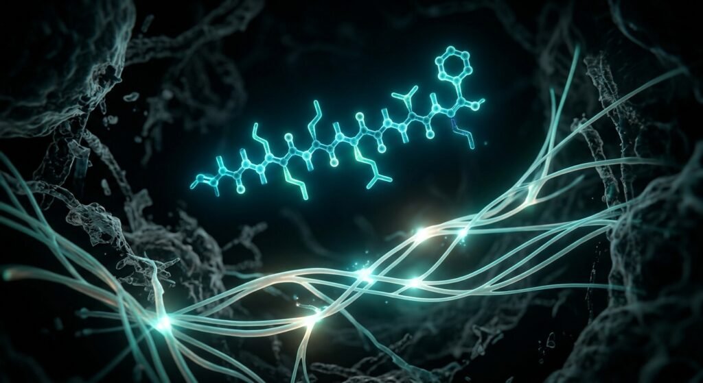BPC-157 péptido estructura molecular bioluminiscente - visualización científica longevidad
