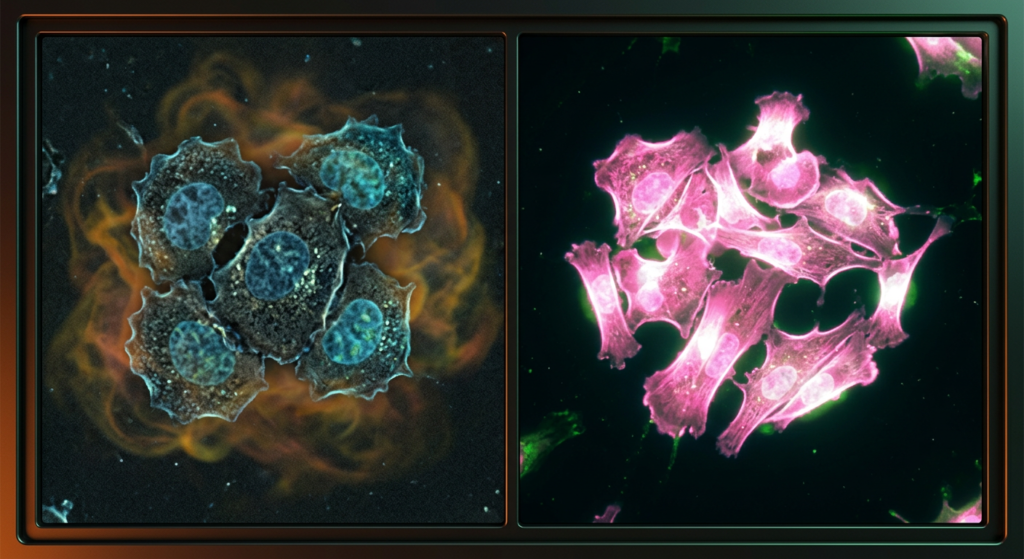 Contraste microscópico entre células senescentes y células sanas en el envejecimiento