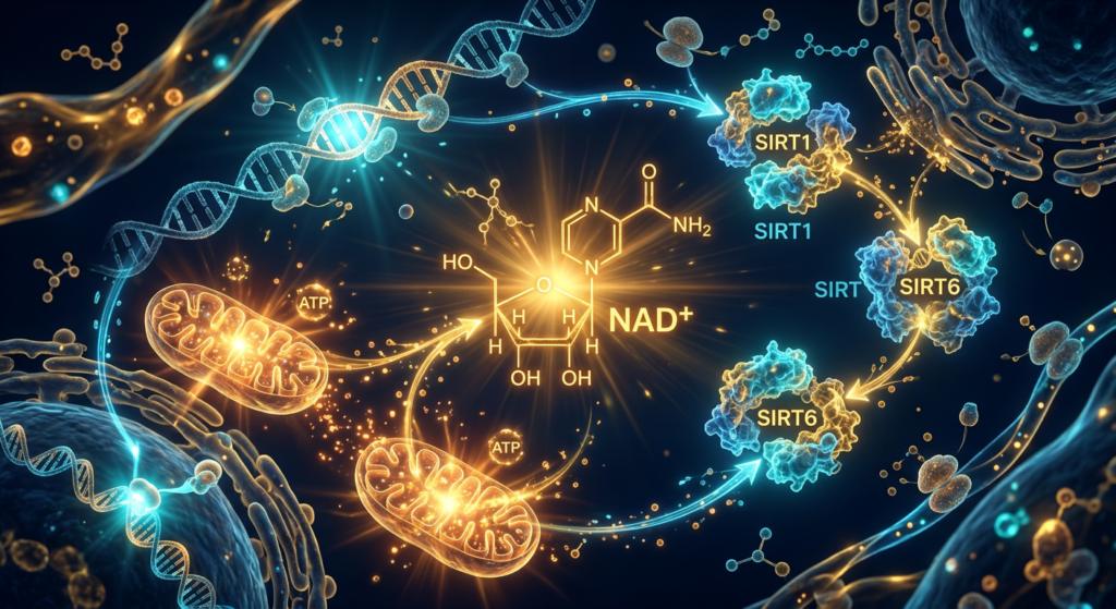 Visualización molecular de NAD+, sirtuinas y autofagia como ruta de longevidad celular