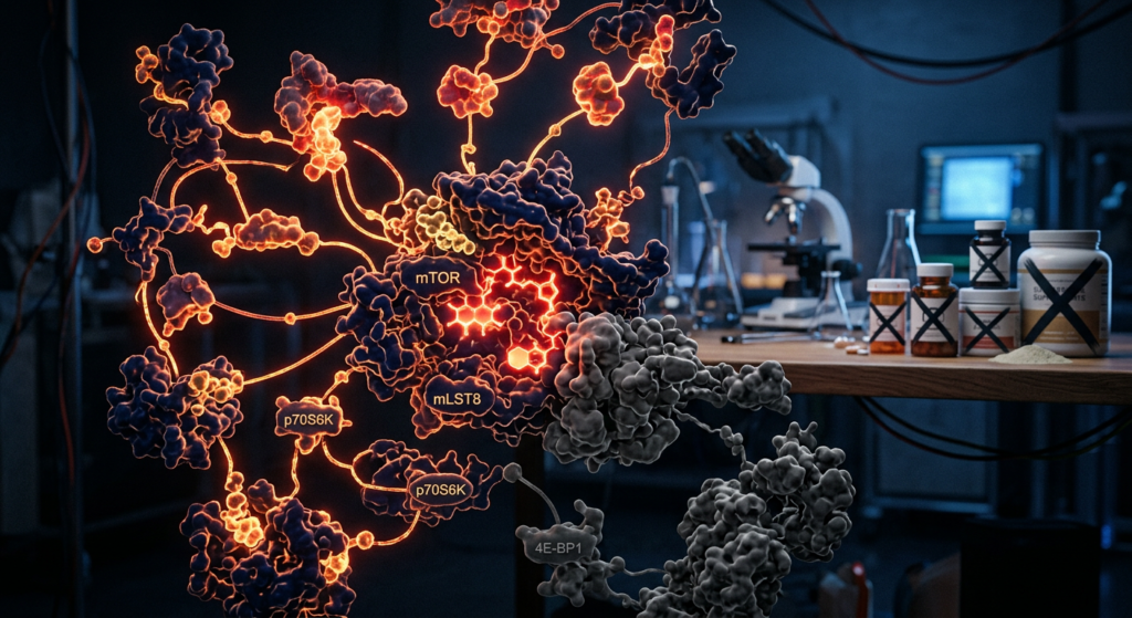 Molécula de rapamicina bloqueando la vía mTOR en el contexto de longevidad