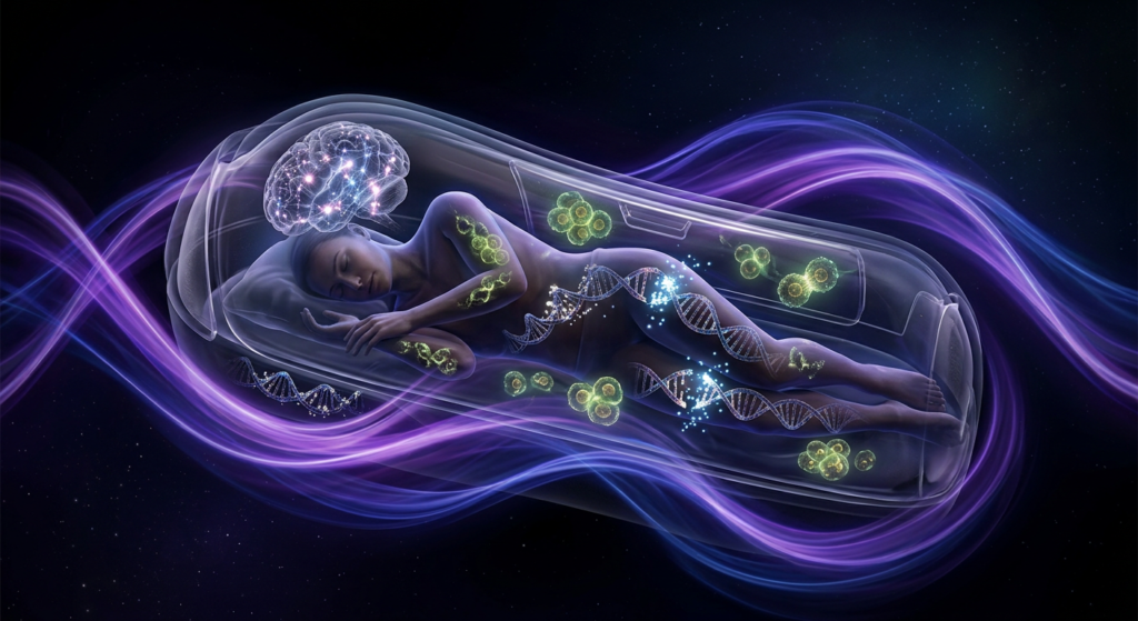 Figura durmiente con redes neuronales y reparación celular nocturna
