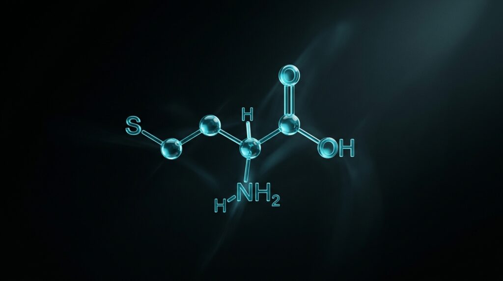 Estructura molecular abstracta de la homocisteína en cyan sobre fondo negro