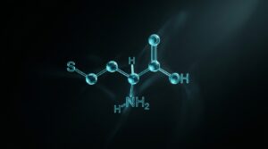 Estructura molecular abstracta de la homocisteína en cyan sobre fondo negro