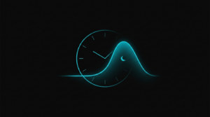 Reloj y curva de secreción de melatonina en cian sobre fondo negro