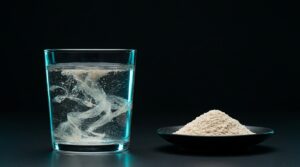 Cáscara de psyllium (Plantago ovata) dispersándose en un vaso de agua sobre fondo negro