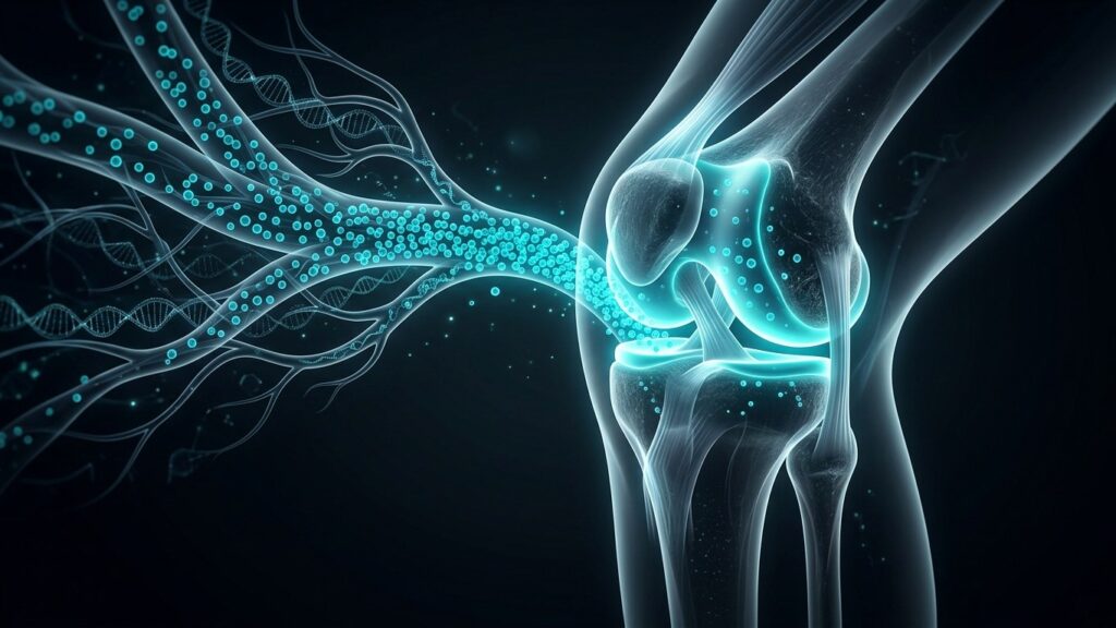 Ilustración de una rodilla con cartílago iluminado al que llegan vesículas extracelulares de color cian por un vaso sanguíneo