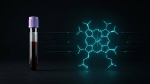 Tubo de analítica junto a la estructura molecular de la vitamina B12 con el cobalto central