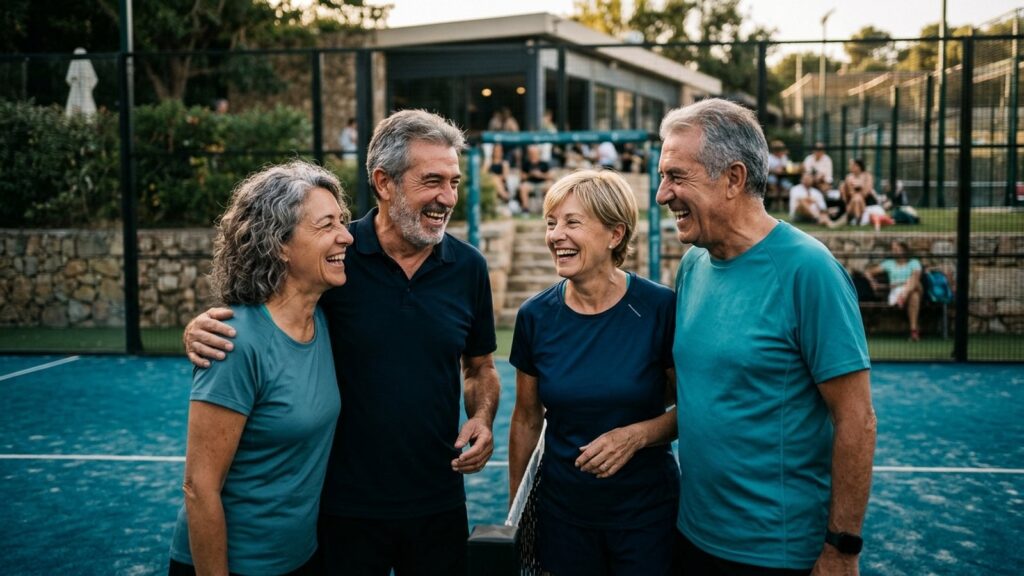 Cuatro amigos de unos 60 años ríen juntos en una pista de pádel de un club deportivo al atardecer