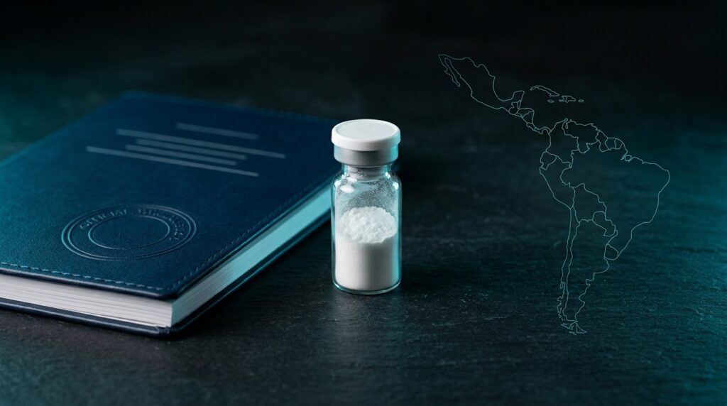 Vial de BPC-157 junto a un mapa de Latinoamérica y un documento legal