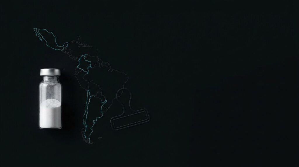 Vial de péptido liofilizado junto a un mapa de Latinoamérica: legalidad del CJC-1295 por país