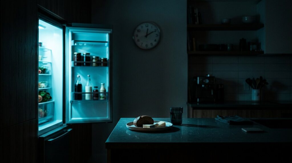 Cocina a oscuras de noche con la nevera abierta iluminando con luz cian un plato con pan y queso sobre la encimera