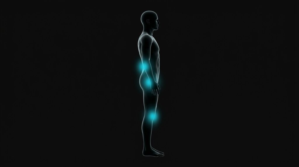 Silueta humana de perfil sobre fondo negro con puntos de luz cian en la zona lumbar, la cadera y la rodilla