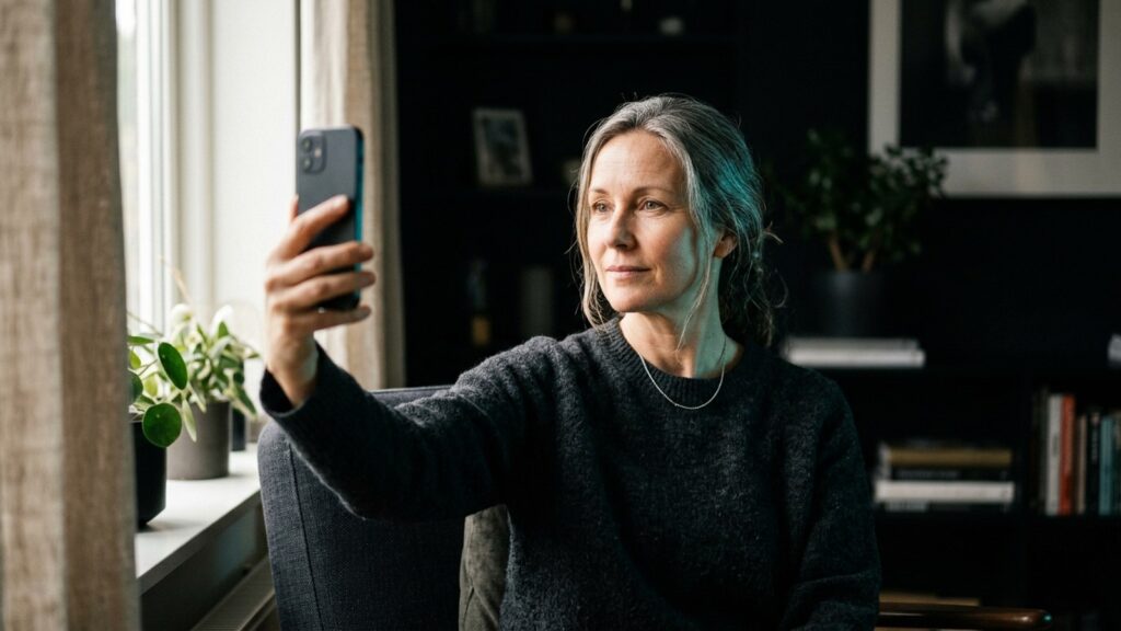 Mujer de unos 50 años se hace un selfi junto a la ventana de su casa con luz suave de mañana