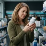 Mujer leyendo la etiqueta de un bote de suplemento en una farmacia, junto a un cuenco de germen de trigo y setas