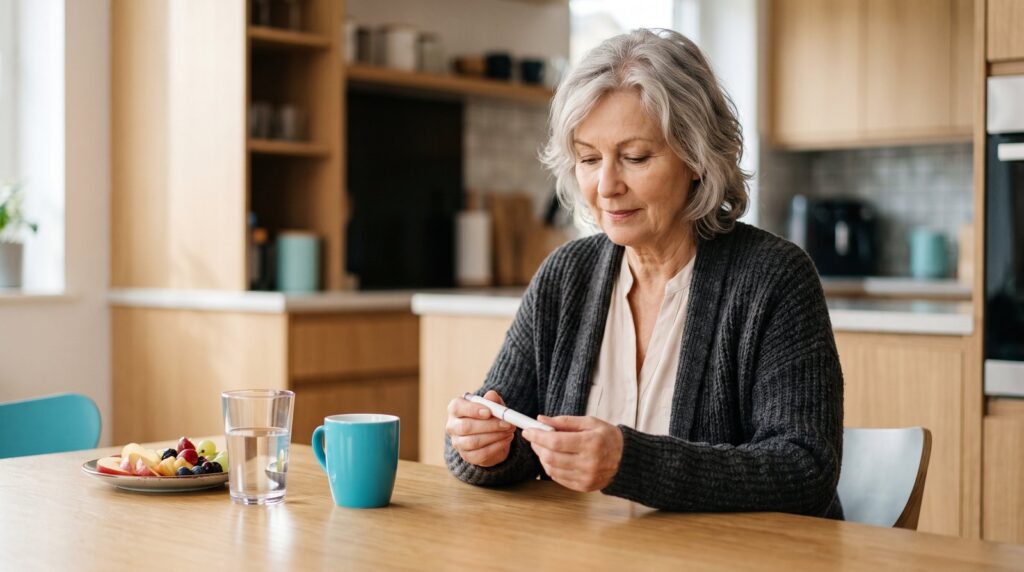 Mujer de unos 70 años en la cocina mirando un bolígrafo de inyección, junto a un vaso de agua, una taza y fruta