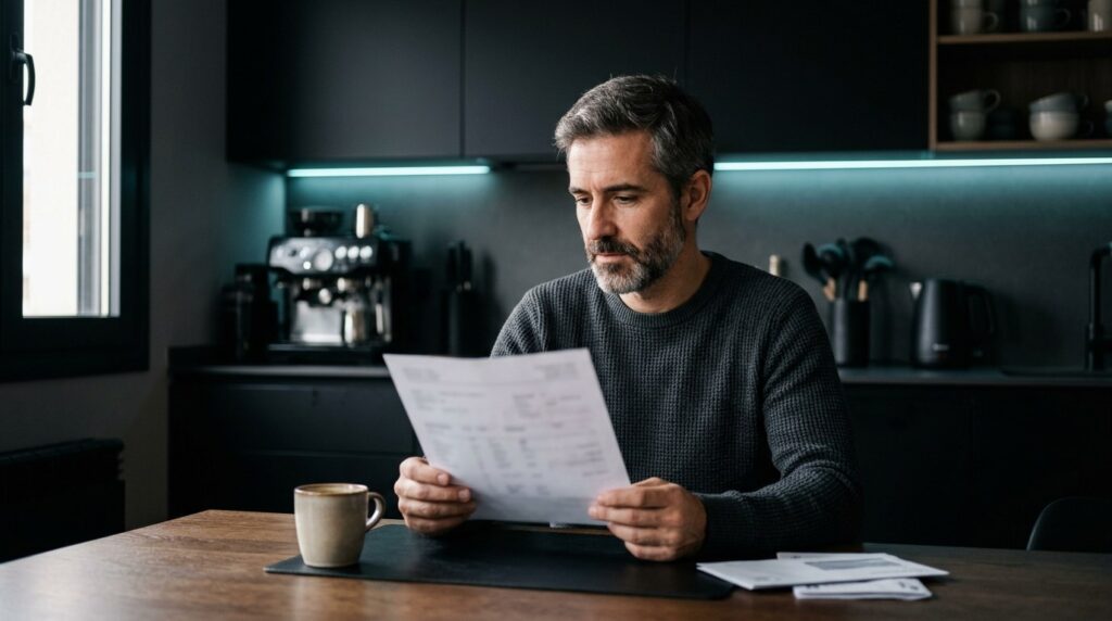 Hombre revisando el resultado de una analítica en la cocina
