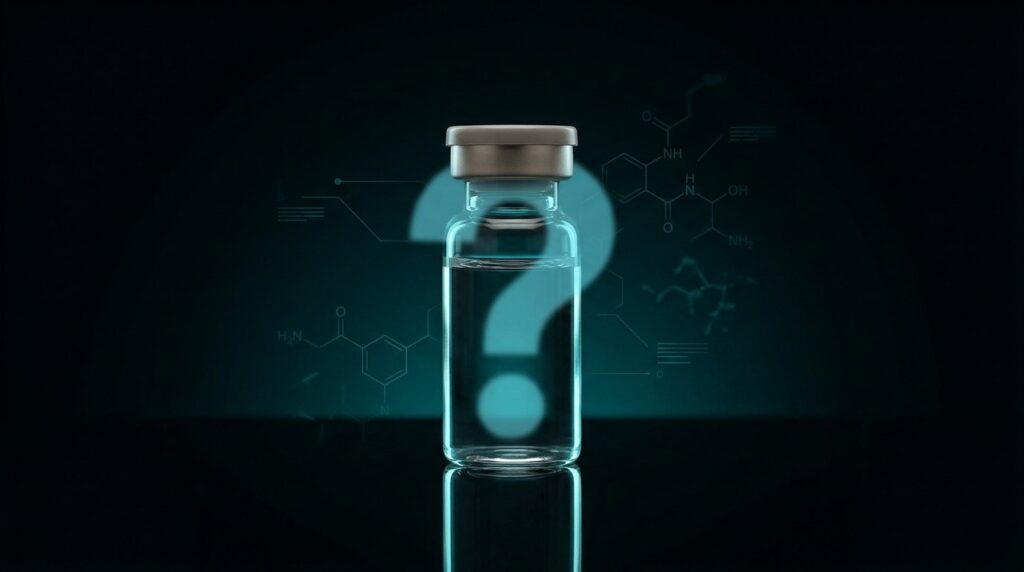Vial de laboratorio con un signo de interrogación: efectos secundarios y riesgos del ipamorelin