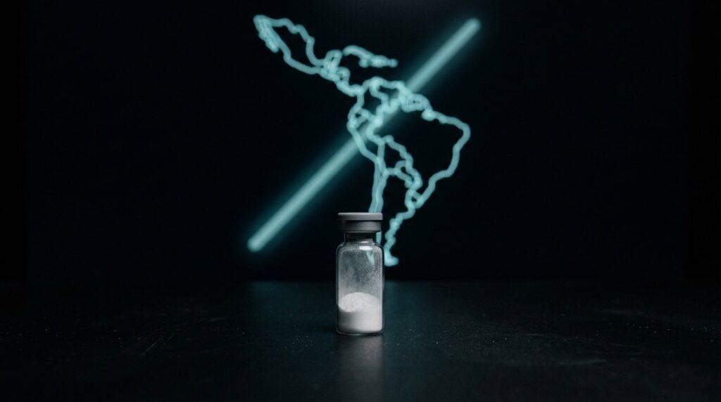 Vial de péptido sin etiqueta delante de un mapa de Latinoamérica: legalidad del ipamorelin por país