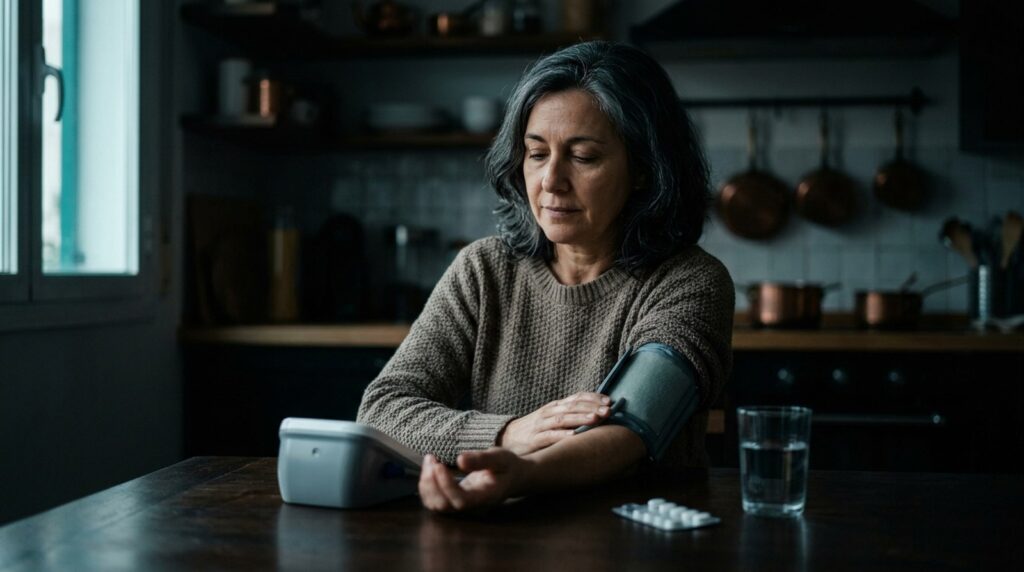 Mujer de unos 55 años se toma la tensión en la cocina de su casa con un tensiómetro de brazo, junto a un blíster de pastillas y un vaso de agua