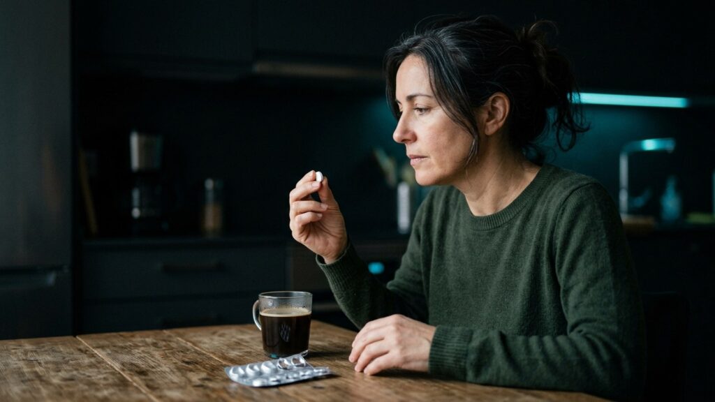 Mujer de unos 50 años sentada en la cocina sostiene una pastilla blanca junto a un blíster y un café