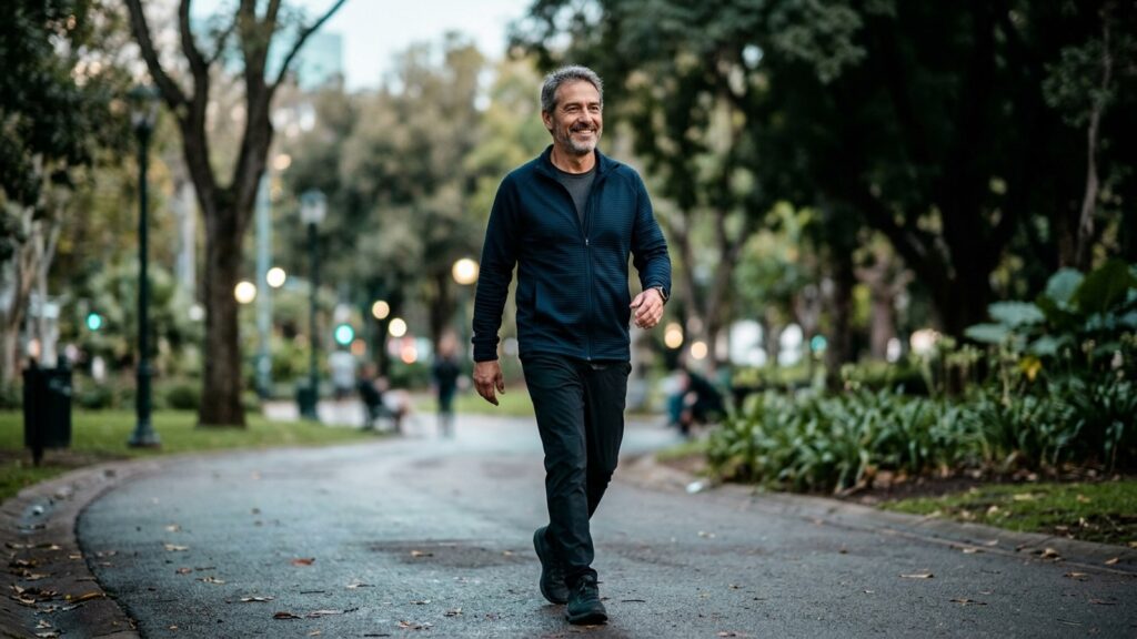 Hombre de unos 55 años caminando a buen ritmo por un parque urbano por la mañana