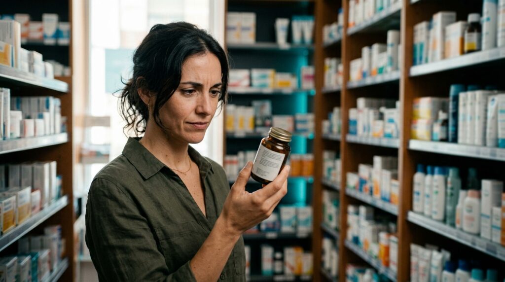 Mujer leyendo la etiqueta de un bote de vitamina B12 en una farmacia