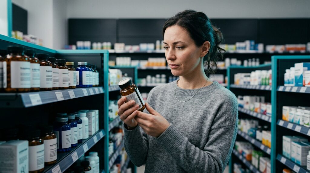 Mujer en una farmacia leyendo la etiqueta de un bote de suplemento