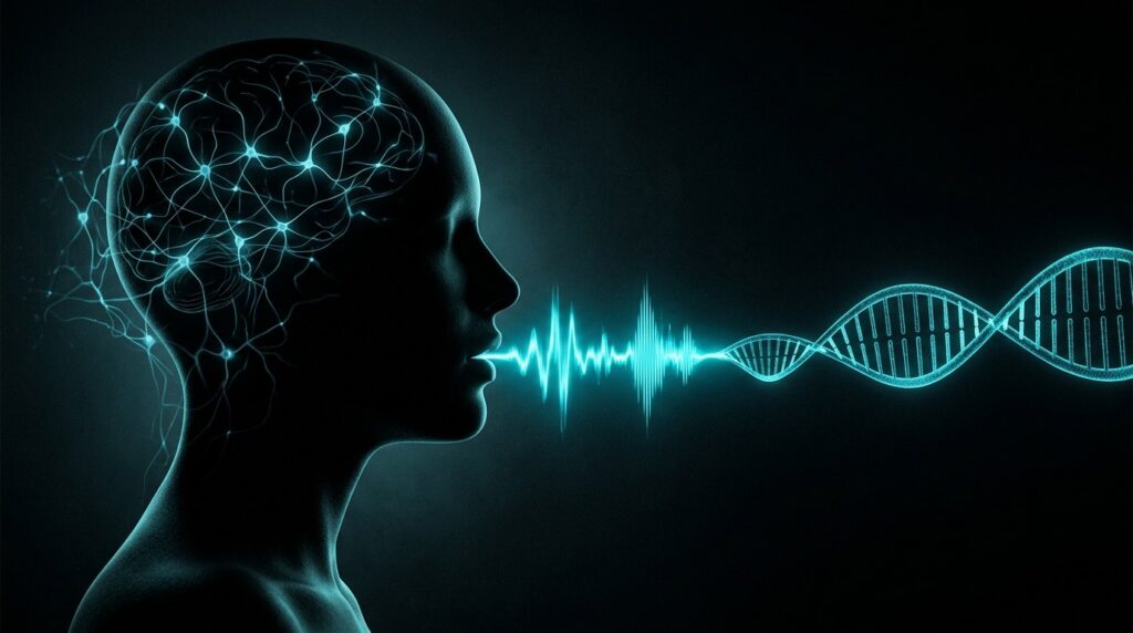 Silueta de perfil humano con red neuronal en el cerebro y una onda de voz cian que se transforma en una doble hélice de ADN