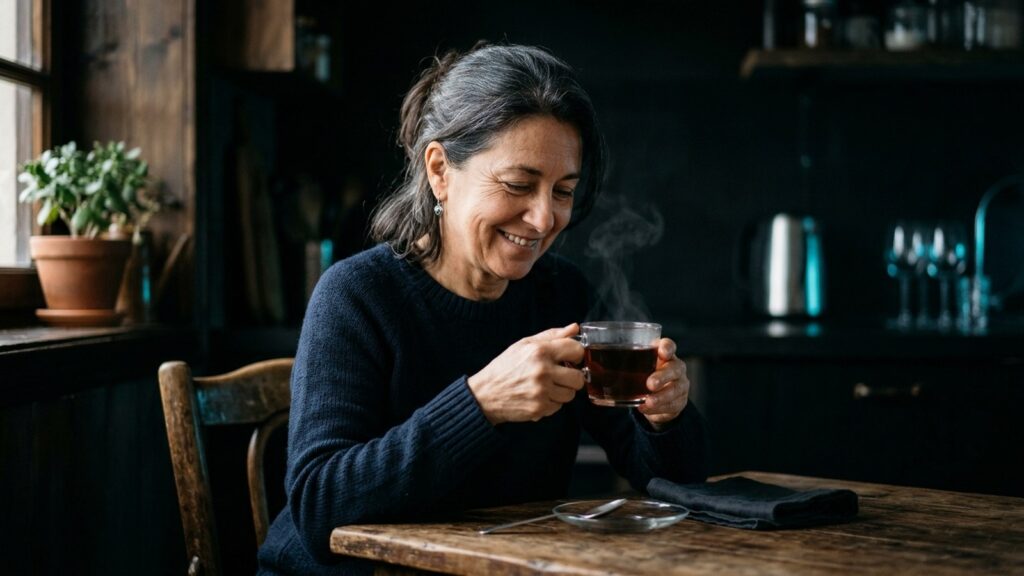 Mujer de unos 50 años tomando una taza de té negro humeante en la mesa de su cocina